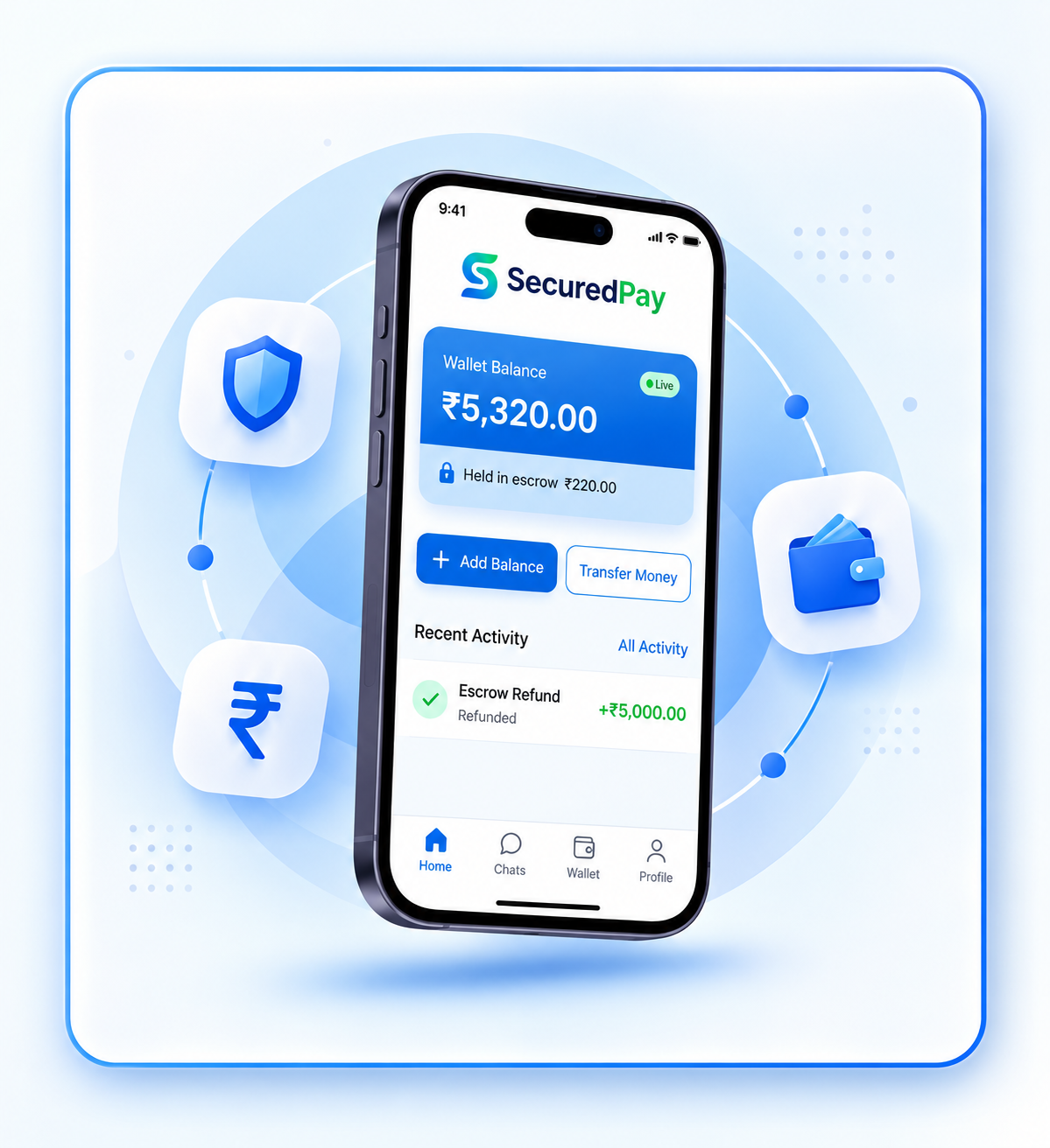 SecuredPay app showing wallet balance, escrow hold, and recent transactions, surrounded by security, currency, and wallet icons