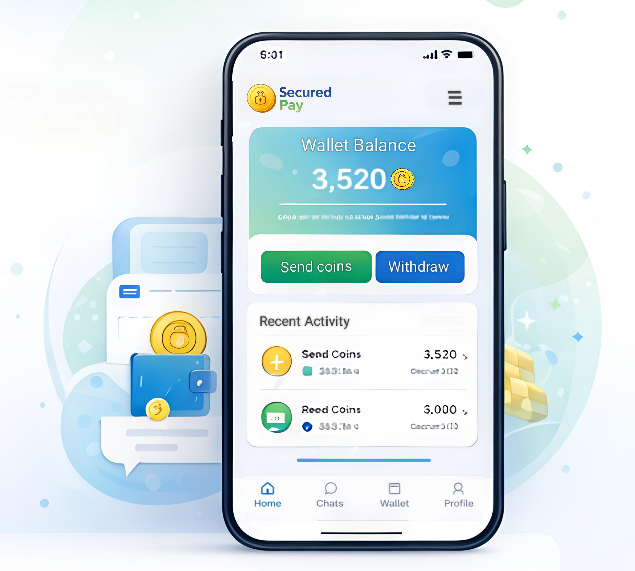 Secured Pay app showing wallet balance and recent transactions